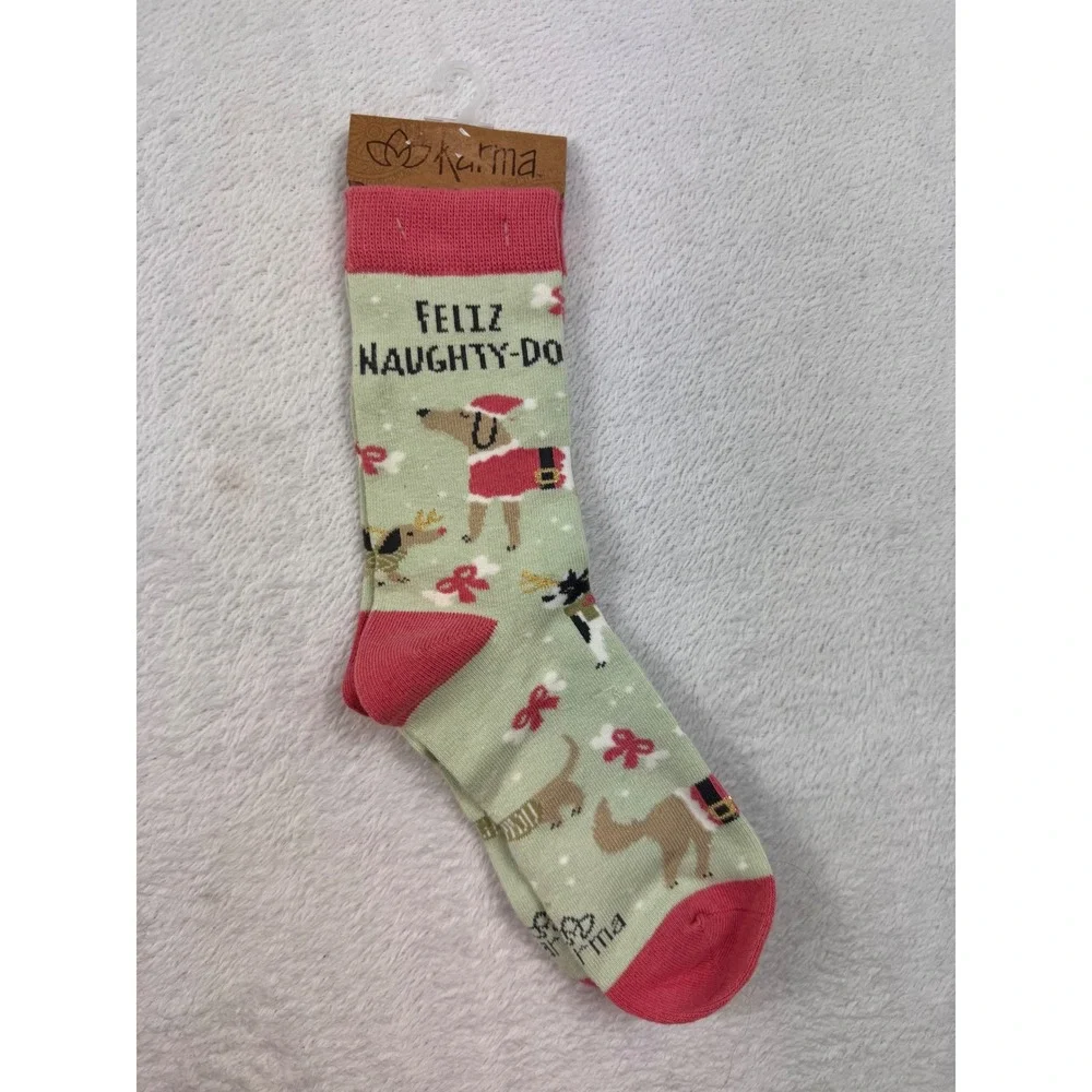 Karma Gifts Feliz Naughty-Dog Holiday Crew Socks Green Pink Christmas Dachsund